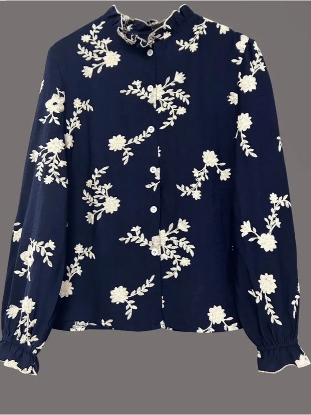 Navy Floral Embroidered Button-Down Blouse